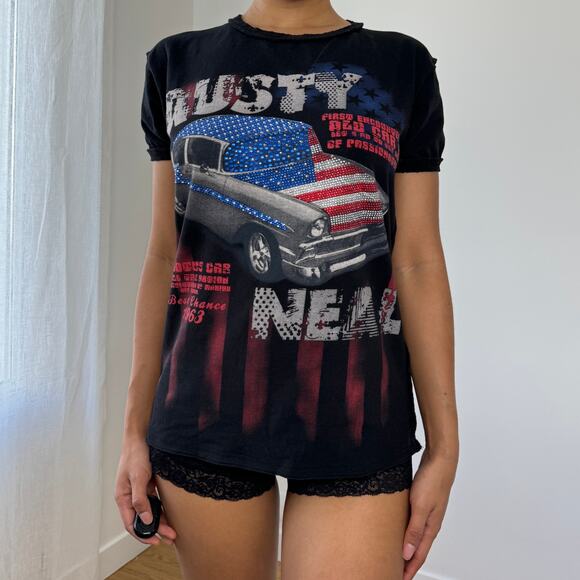 Y2K Graphic Car Tee with Rhinestones (S/M) - Picture 1 of 8